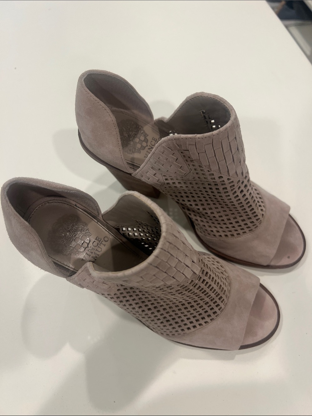 Vince Camuto tan Suede Woven Peep-Toe Heels